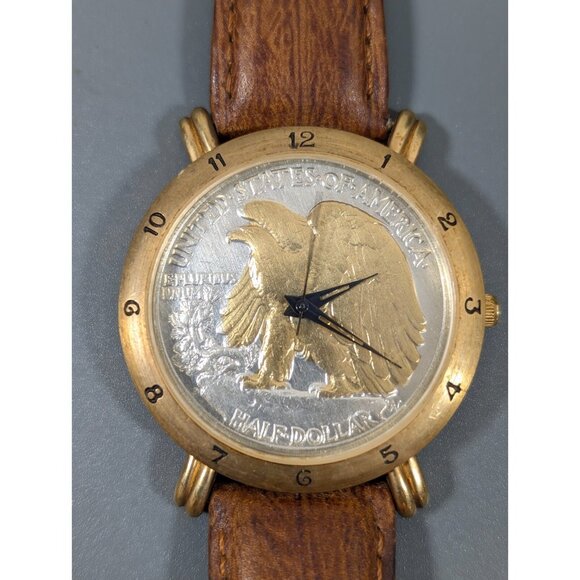 brittania Other - Brittania Half Dollar Eagle Gold Plate Leather Watch New Battery Working